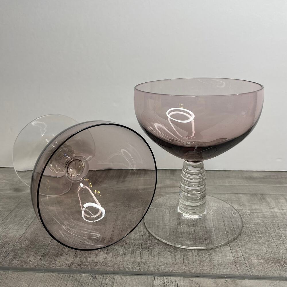 Vintage MCM Purple Lavender GLOW Glass Ribbed Champagne Coupe Glasses Set of 2